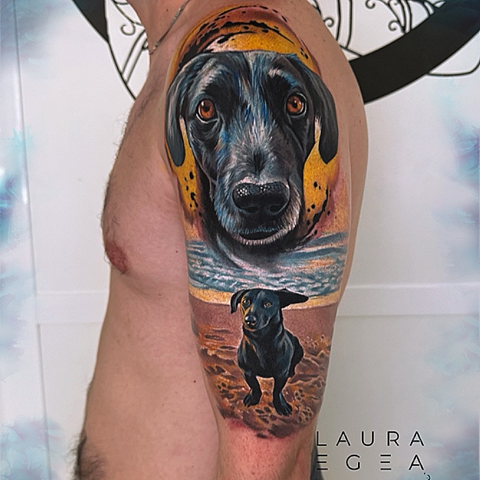 Detailed realistic dog portrait tattoo by Laura Egea
