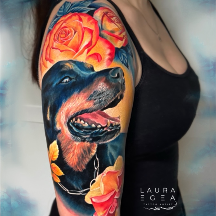 Dog portrait color tattoo with roses by Laura Egea in Dallas Texas