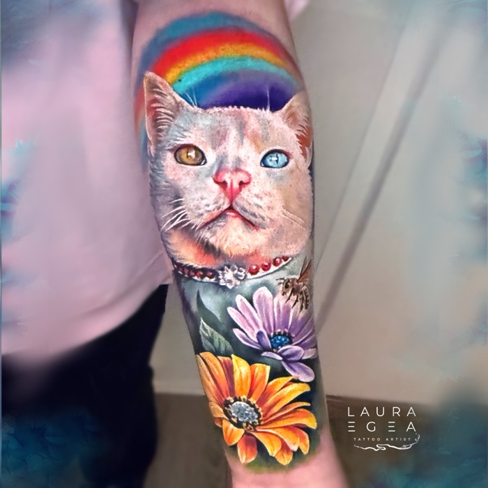 Colorful realistic cat portrait tattoo by Laura Egea