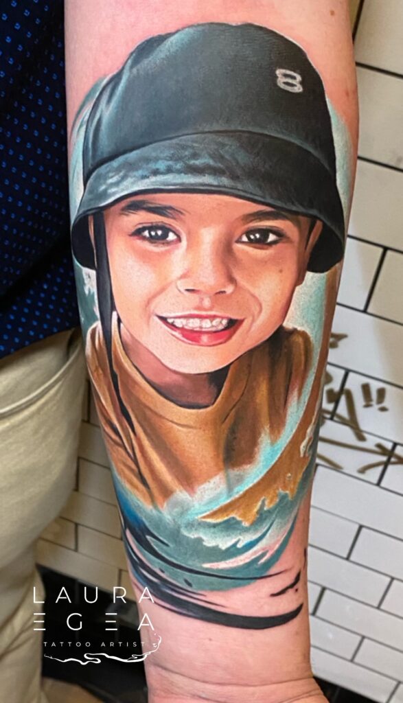 Color realism portrait tattoo by Laura Egea in Dallas